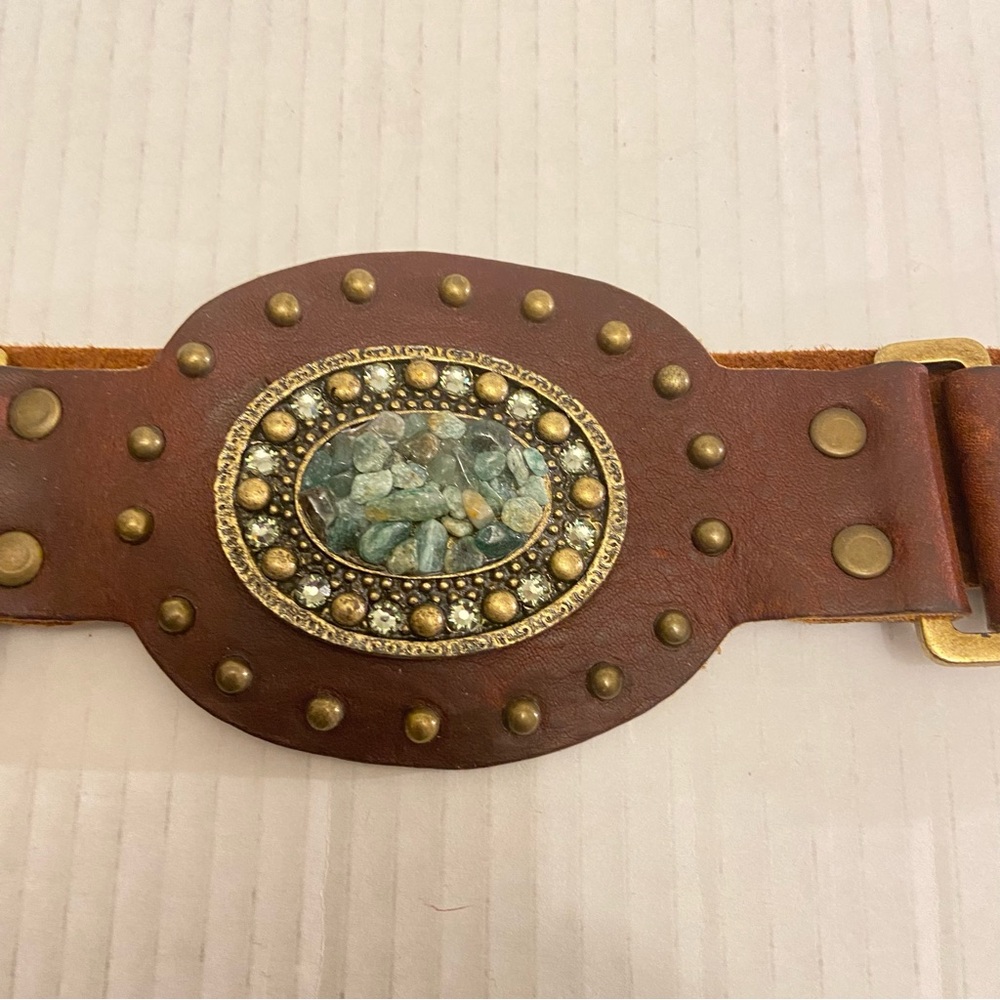 Leather Rock Jeweled Boho Brown Leather Belt with Green Stone and Studs Accents. - Picture 2 of 11